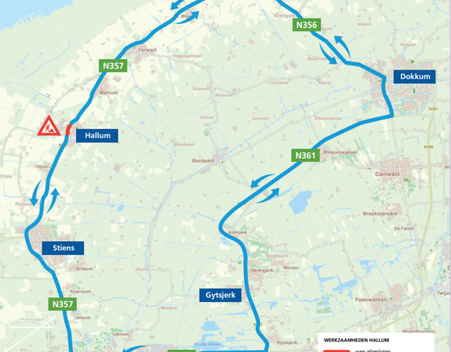 omleiding route omleidingsroute stremming rotonde aanleg hallum doniaweg N357 heijmans schot infra asfalteren werkzaamheden weg wegen wegwerkzaamheden 