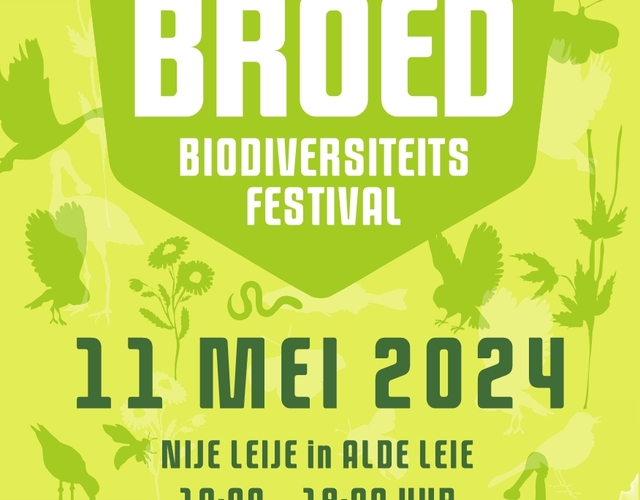 BROED 2024 biodiversiteitsfestival bio biodiversiteit festival logo bordjes mensen lopen buiten terrein neije leije oude leije poster flyer