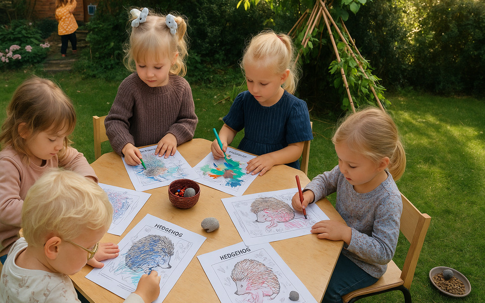 Kinderen kleuren egels op papier aan een houten tafel in de tuin. Op de achtergrond staat een tentje van takken en schijnt zacht herfstlicht tussen het groen.