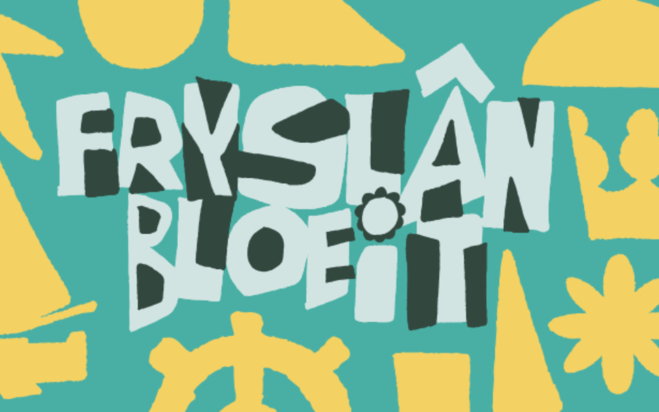 Banner Fryslân Bloeit logo met creatieve figuren en elementen in goud gele kleuren op zeegroene achtergrond