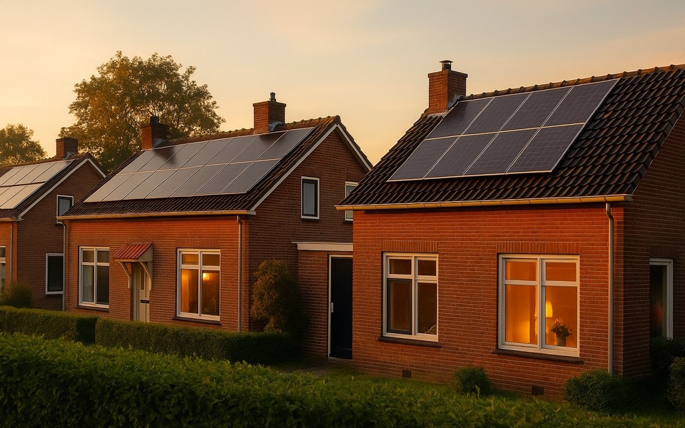 Rij Friese bakstenen huizen met zonnepanelen op de daken, badend in warm herfstlicht, symbool voor duurzame en aardgasvrije woningen.
