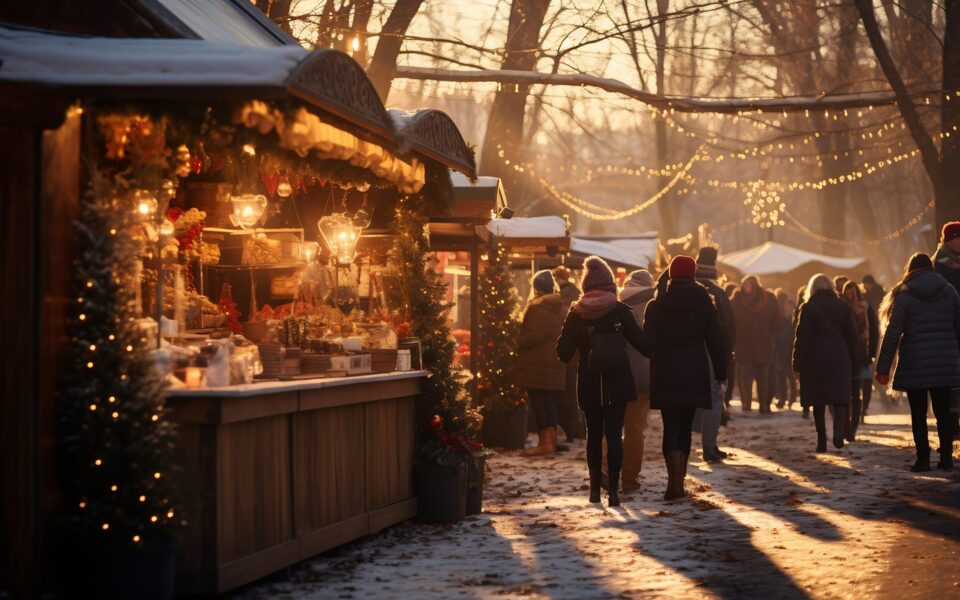 Een sfeervolle straatmarkt bij zonsondergang, met kraampjes, verlichting en mensen die tussen de marktkramen door wandelen.