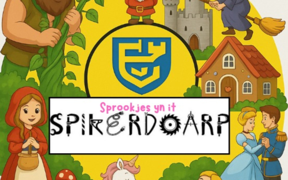 spikerdoarp sprookjes hallum bouwen hutten figuren tekening met kabouters reuzen heksen en roodkapje met doornroosje