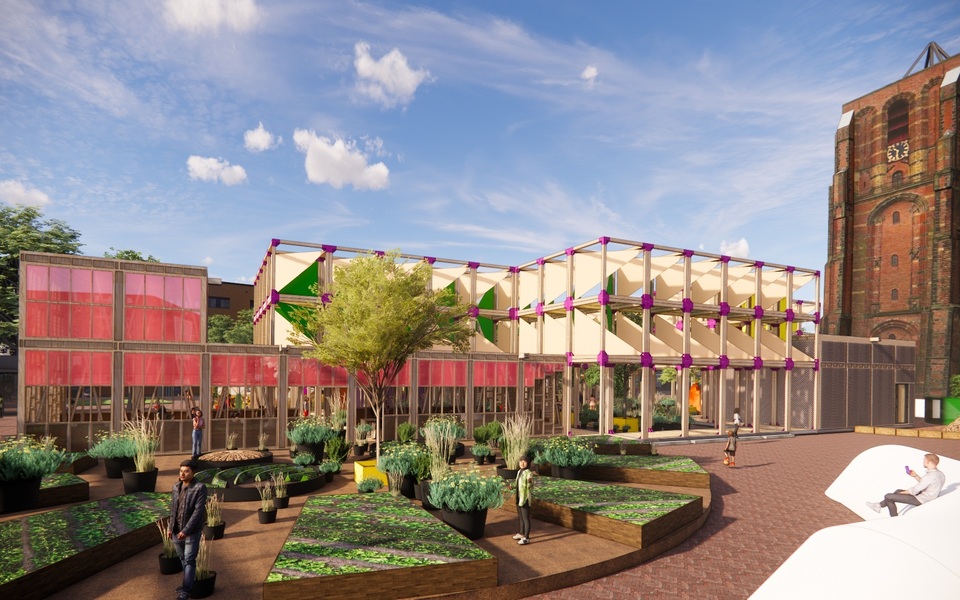 Kleurrijke pop-up installatie met stadsmoestuin en ontmoetingsplek voor bewoners, voor de Oldehove in Leeuwarden. Fryslân Bloeidag 2025