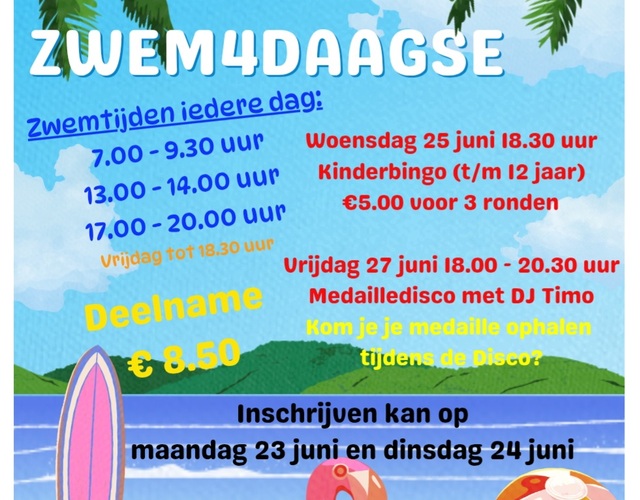 Zwem4daagse zwemmen baantjes openlucht zwembad de sawn stjerren hallum vierdaagse mensen zwemmen baantjes in het zwembad  flyer poster 2025