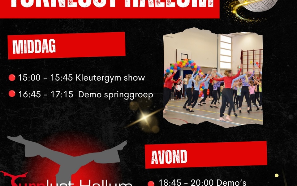 Flyer voor de slotdag van Turnlust Hallum op 4 juli 2025 met programma-overzicht, tijden van demonstraties en informatie over entree en locatie.