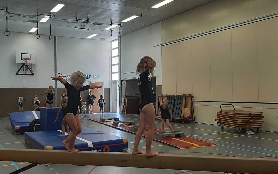 Kleuters gymmen in de sporthal van Hallum op diverse toestellen en matten onder begeleiding van een trainster. beweeg dans spring voor alle leeftijden peuter kleuter