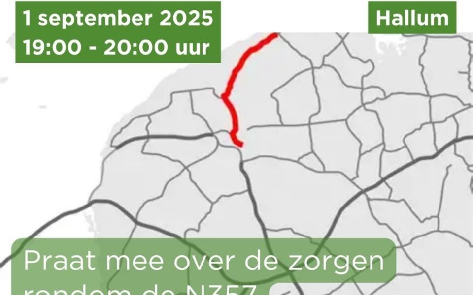 BBB - Inloopspreekuur N357 wegennet fryslân met rode arcering N357 en aanduidingen van een bijeenkomst met tijd datum en locatie in hallum MFC Trefpunt