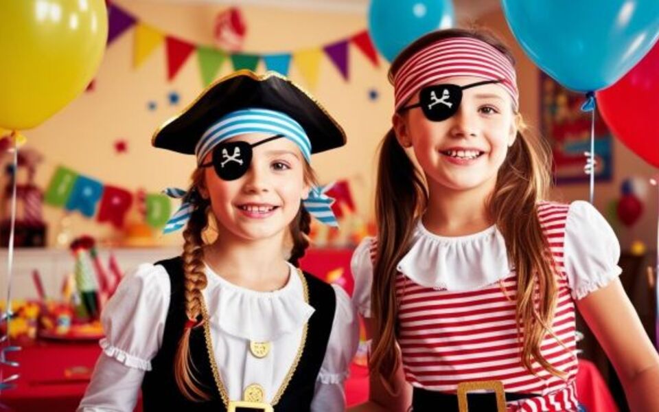 Twee meisjes kinderen in piratenkleding met een ooglapje voor in een feestelijk versierde ruimte met ballonnen en slingers.