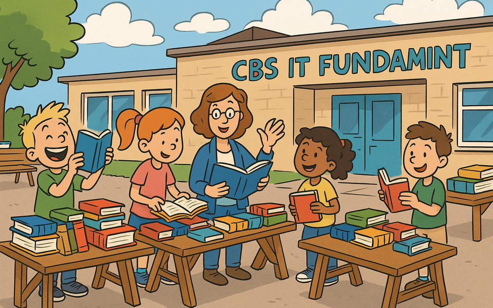Cartoonillustratie van een boekenmarkt op het schoolplein van CBS It Fundamint, met kinderen en een leraar die vrolijk boeken bekijken en lezen.