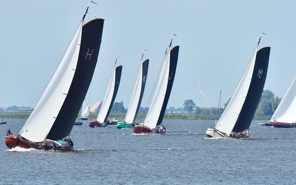 In groep Fryske skûtsjes mei de seilen heech, syld op it wetter tidens in wedstriid.