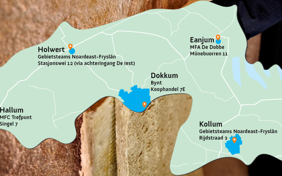 Kaart met de vijf locaties van de informatieloketten isoleren en verduurzamen van de eigen woning in de gemeente Noardeast-Fryslân