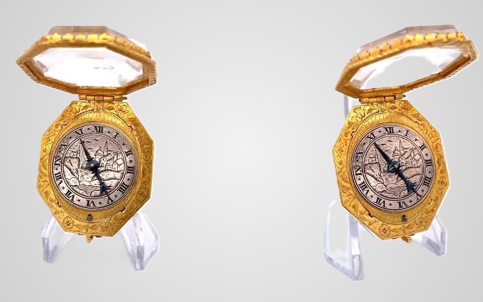 Zeldzaam 17e-eeuws horloge van Hallumer uurwerkmaker Jan Cornelis, circa 1660, met bergkristallen kast, gegraveerde zilveren wijzerplaat en één blauwstalen wijzer.