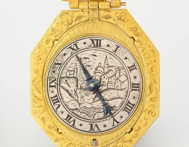 Zeldzaam 17e-eeuws horloge van Hallumer uurwerkmaker Jan Cornelis, circa 1660, met bergkristallen kast, gegraveerde zilveren wijzerplaat en één blauwstalen wijzer.