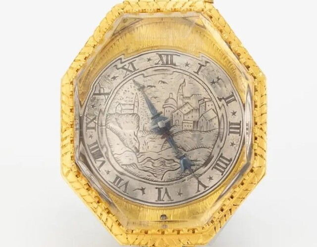 Zeldzaam 17e-eeuws horloge van Hallumer uurwerkmaker Jan Cornelis, circa 1660, met bergkristallen kast, gegraveerde zilveren wijzerplaat en één blauwstalen wijzer.