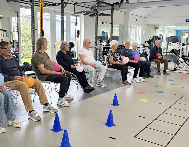 Groep oudere deelnemers doet zittende been- en balansoefeningen in een kring tijdens de valpreventietraining Ik Sta Sterk.