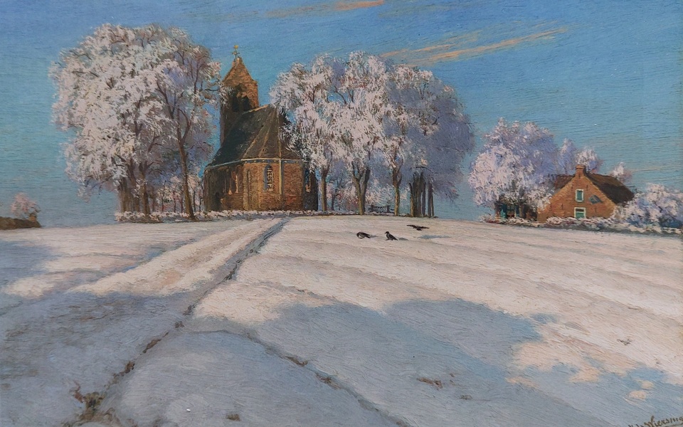 Boek Hegebeintum Terp, Kerk en State kerk in de sneeuw geschilderd door ids wiersma bijzonder is de nog niet afgegraven terp