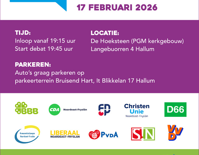 Poster gemeentelijk verkiezingsdebat Hallum op 17 februari 2026. Inloop 19.15 uur, start 19.45 uur. Locatie De Hoeksteen, Hallum. Slogan: Stim omdat it kin!