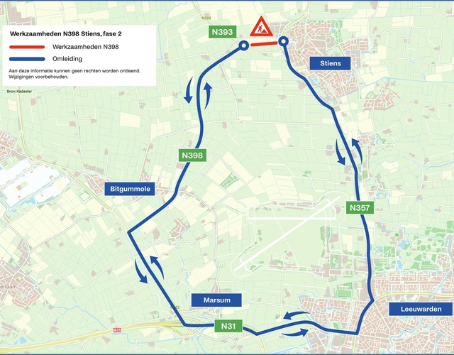 Kaart met werkzaamheden fase 2 aan de N398 bij Stiens en regionale omleiding via N31 en omliggende wegen.