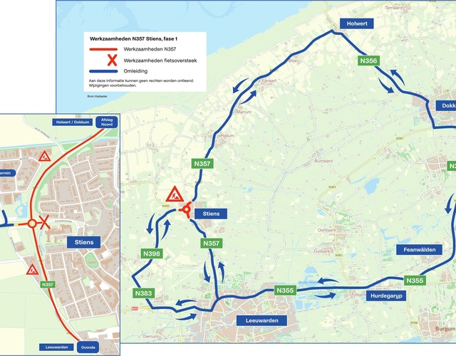 Overzichtskaart van Noord-Friesland met ligging N357 en N398 en omleidingsroute rond Stiens.