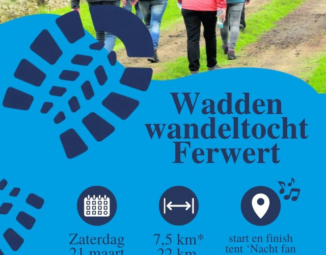 Flyer van de Waddenwandeltocht 2026 met wandelaars op een dijk en informatie over afstanden en datum 21 maart.