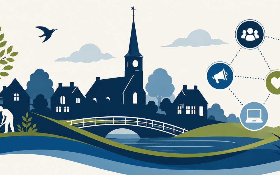 Grafische header met dorpssilhouet, kerk, brug, groen landschap en online iconen als symbool voor samenwerking aan HallumOnline.nl.