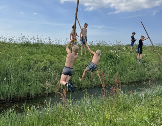 Kinderen polsstokspringen over een sloot tijdens de Jeugdfûgelwachtdei 2026 in het Friese buitengebied.