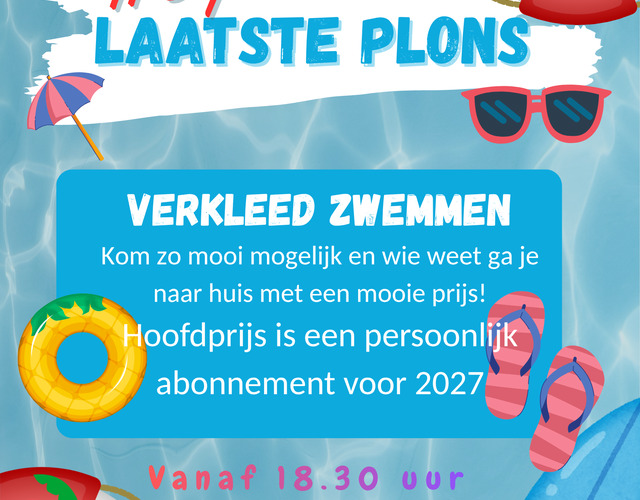Flyer Laatste Plons op 11 september bij openluchtzwembad De Sawn Stjerren, met verkleed zwemmen vanaf 18.30 uur en prijsuitreiking om 19.15 uur.
