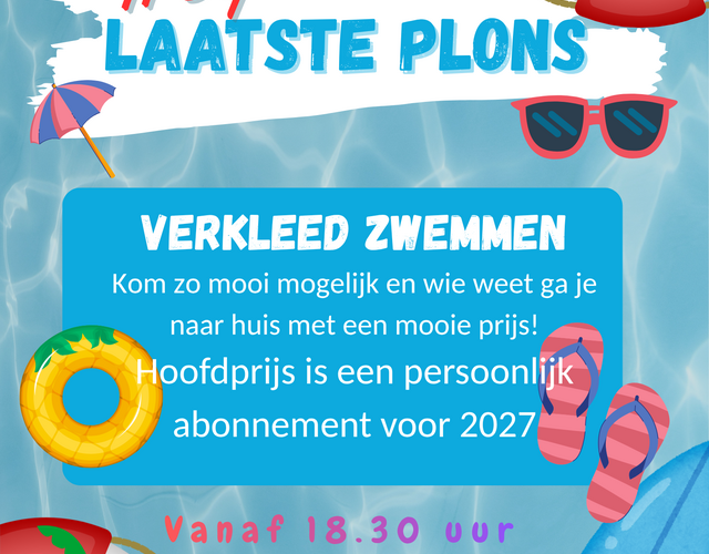 Flyer Laatste Plons op 11 september bij openluchtzwembad De Sawn Stjerren, met verkleed zwemmen vanaf 18.30 uur en prijsuitreiking om 19.15 uur.